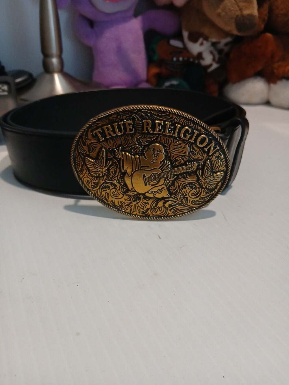 True Religion Buddha Buckle Leather Belt Black Gold
